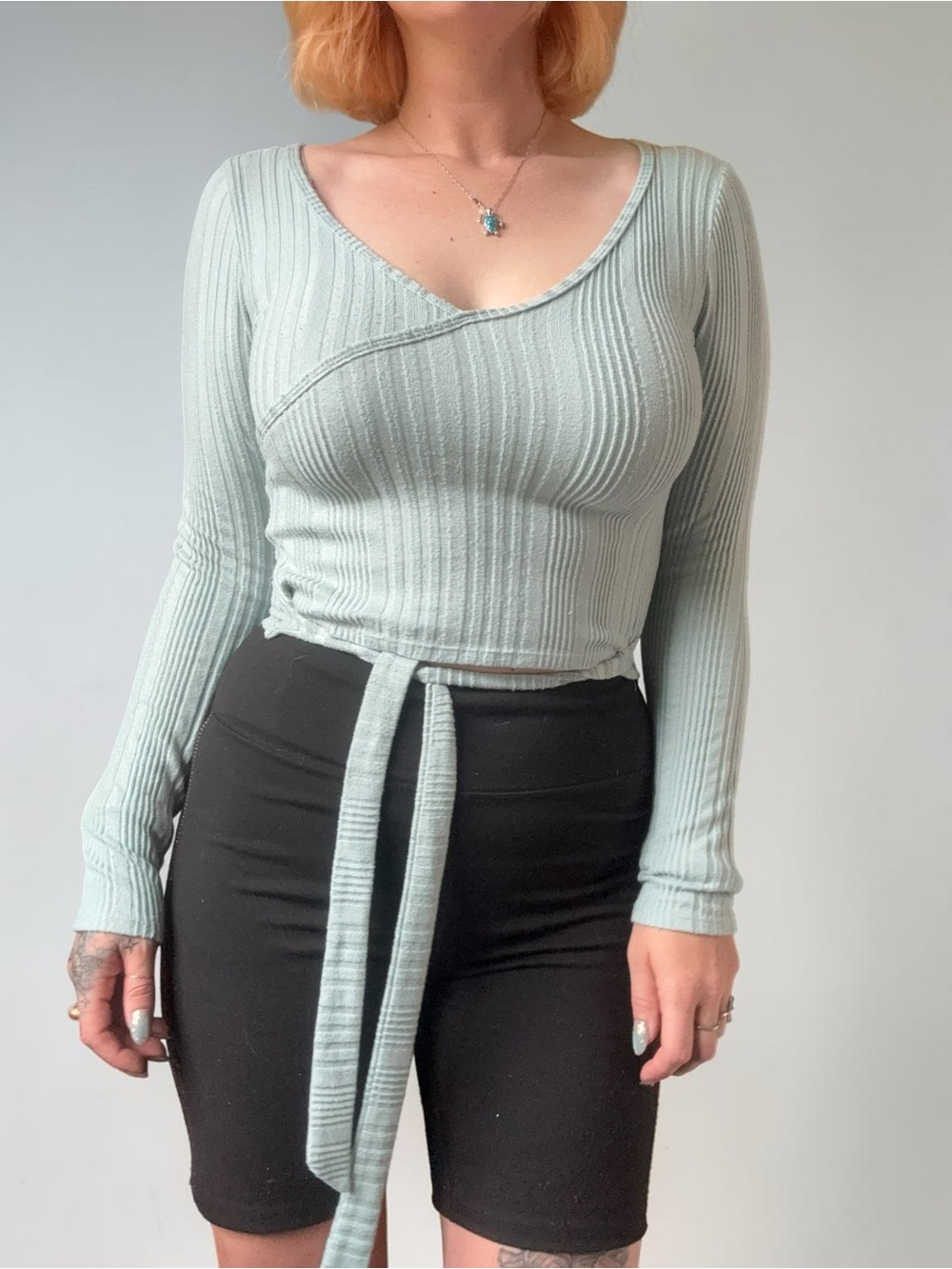 Hollister Ribbed Wrap-Front Long Sleeve Top in Sage - Super Soft & Flattering